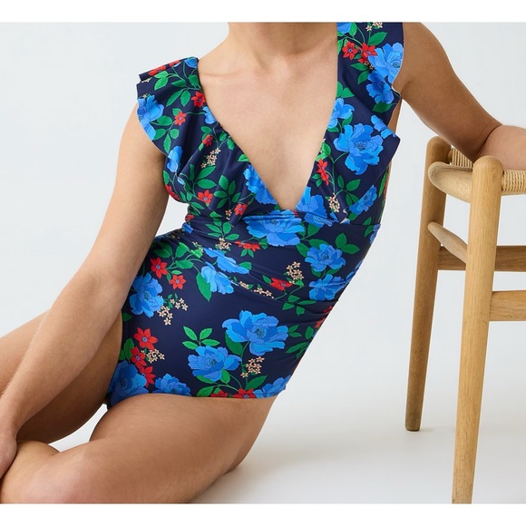 J CREW RUCHED RUFFLE ONE PIECE SWIMSUIT BLUE PEONY